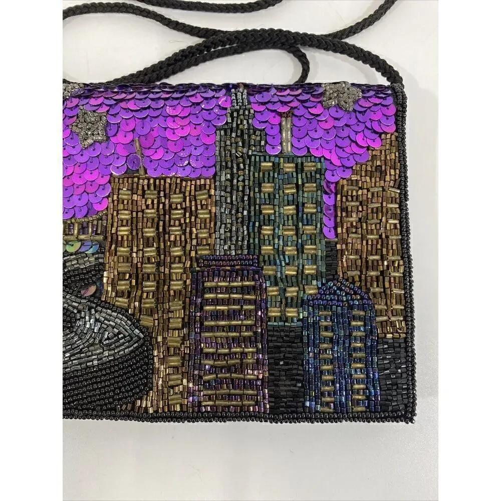 Vtg Formal Clutch Purse Beaded Wearable Art 90s Purple Black City Night Scene